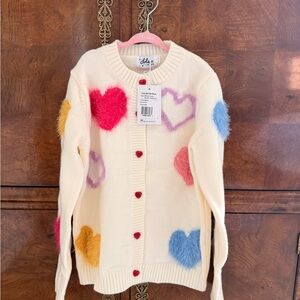 Lola + The Boys Cream Cardigan with Multicolor Fuzzy Hearts